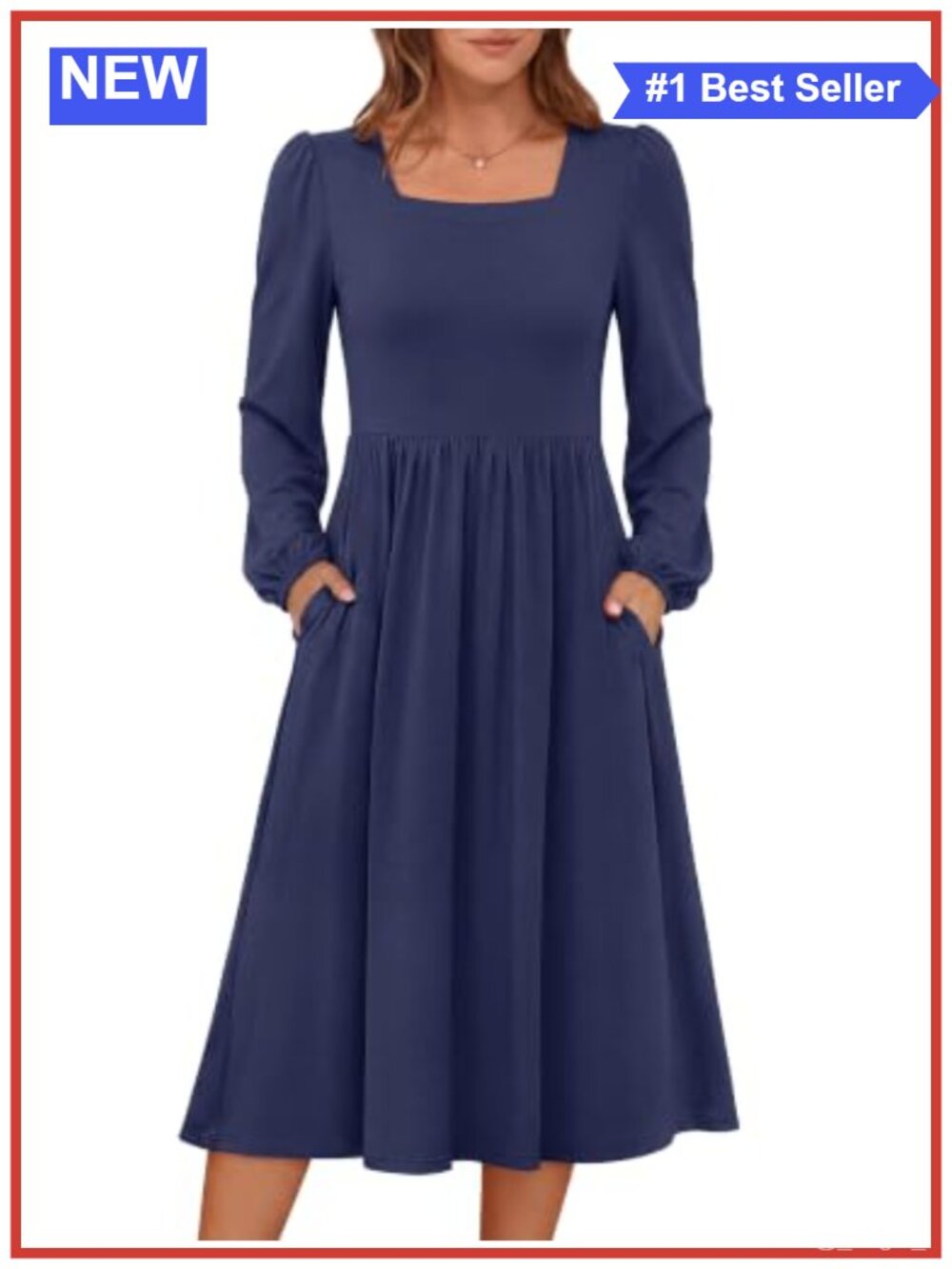 Womens A-Line Midi Dress Long Sleeve Smocked Square Neck Pockets Fall Work